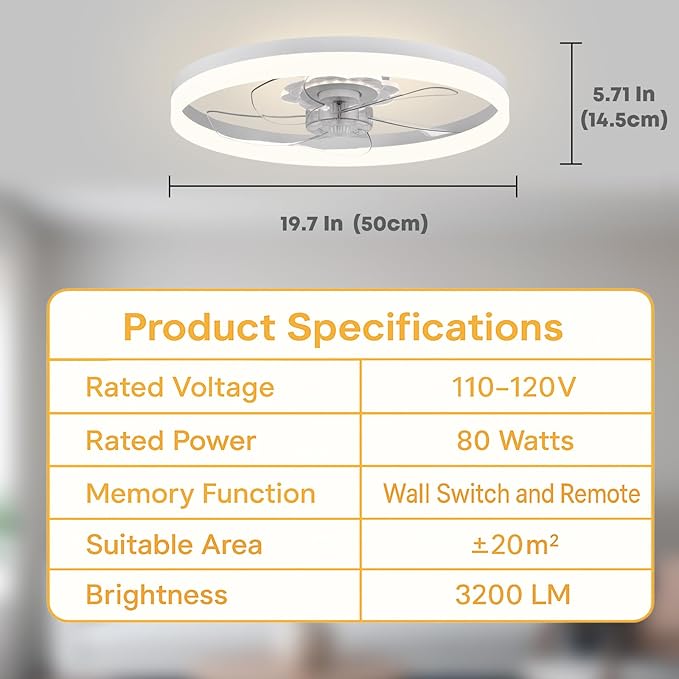 20‘’ Ceiling Fan with Light, Upgraded Low Profile Fan, Flush Mount Ceiling Fan, 6 Speeds, Dimmable LED, App & Remote Control, Quiet DC Motor, for Bedroom, Living Room, F115 White