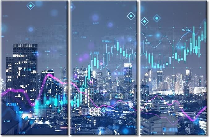 TUMOVO Abstract Virtual Financial Graph Hologram Canvas Paintings Wall Decor 3 Piece Black and White Wall Art Modern Home Decor Framed Ready to Hang (42" Wx28 H)