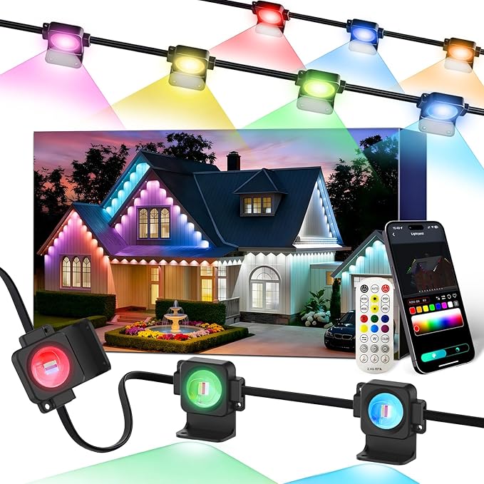 Permanent Outdoor Lights 16.4Ft 10LEDs, Smart RGB-IC Year Round Eave Deck Fence Outside Lights with Remote & App Control, Multicolor & White Individual DIY LED Christmas Holiday Decor