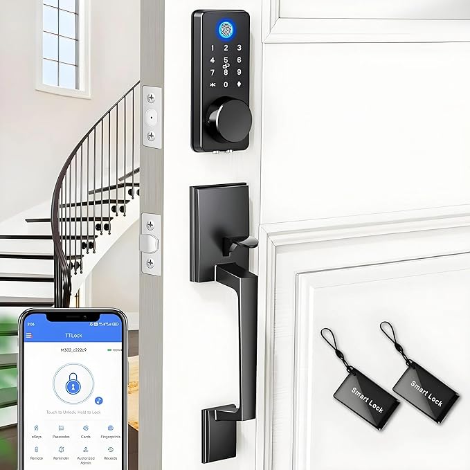 Smart Keyless Entry Door Lock Set w/Front Door Handle, 0.1s Fingerprint Biometric Unlock, Auto Lock, APP Remote/Passcodes/Cards Control, Keypad Deadbolt, Easy Install for Entry Bedroom
