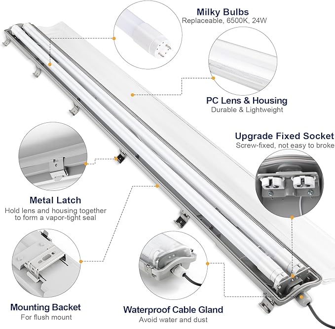 BRILLIHOOD 4Ft LED Vapor Tight Light Fixtures, 48W, 4200LM, 6500K Bright White, Clear Cover, IP65 Waterproof Vapor Proof Lights for Car Wash, Garage, Walk in Freezer, Indoor Outdoor Lighting, 8-Pack