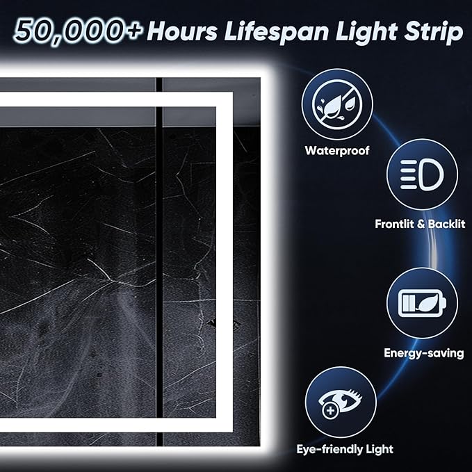 LED Bathroom Mirror, 48"x36" with Frontlit and Backlit Anti-Fog Mirror with Lights LED Vanity Mirror for Bathroom 3 Colors Temperature & Dimmable Bathroom Mirror with HD Tempered Glass