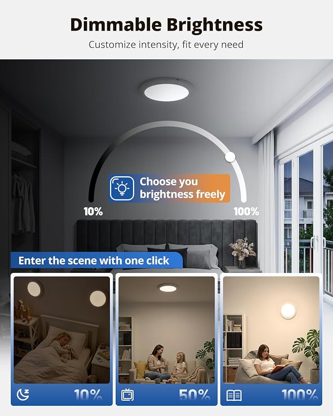 wowatt 10000mAh Rechargeable Ceiling Light with Remote, 3 Color Temperatures & Brightness Dimmable, Wireless Ceiling Light with Magnetic Design, Battery Ceiling Light for Shower Hallway Pantry(2 Pcs)