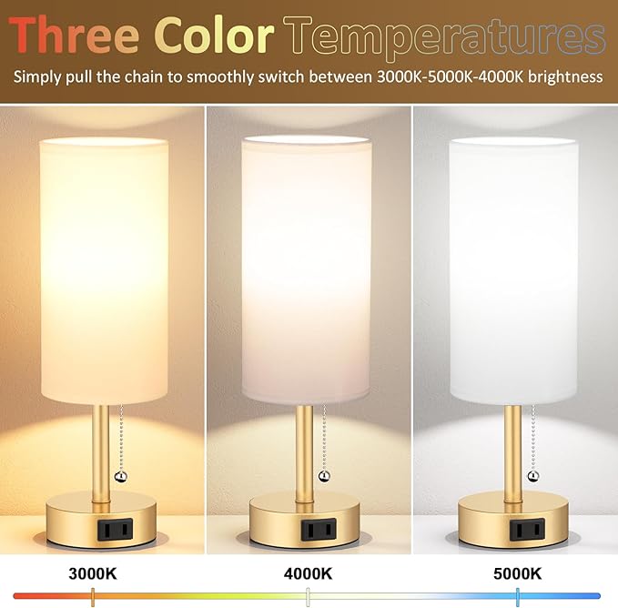 Fenmzee Gold Bedside Table Lamps Set of 2-3 Color Temperatures Pull Chain Lamp with AC Outlet Charging Port, Two Round Night Stand Lamps for Bedroom Office Living Room