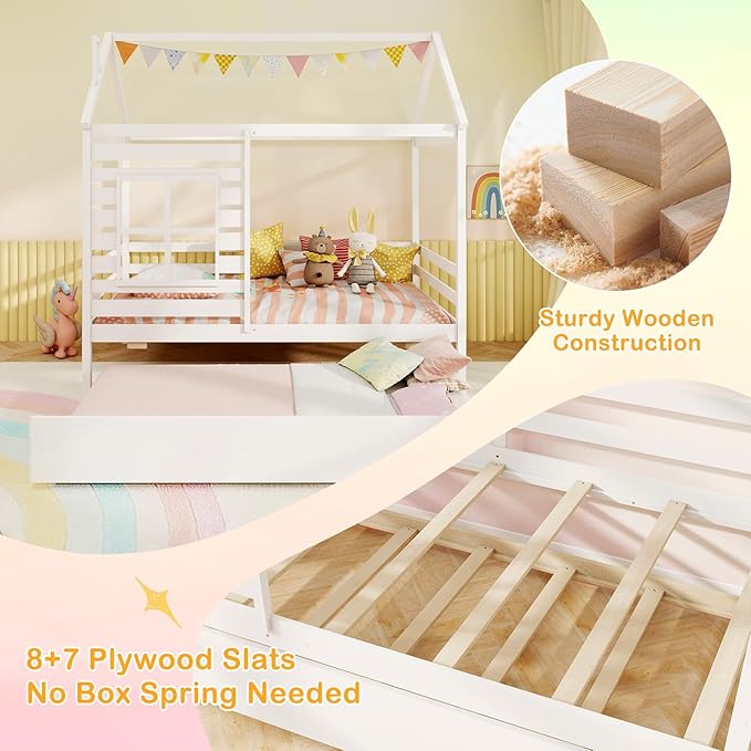 Giantex Twin House Bed with Trundle Bed Twin, Wooden Twin Bed Frames with Roof, Chimney & Window, Montessori House Bed with Safety Guardrails, House Trundle Bed for Kids, Boys, Girls, Teens (White)