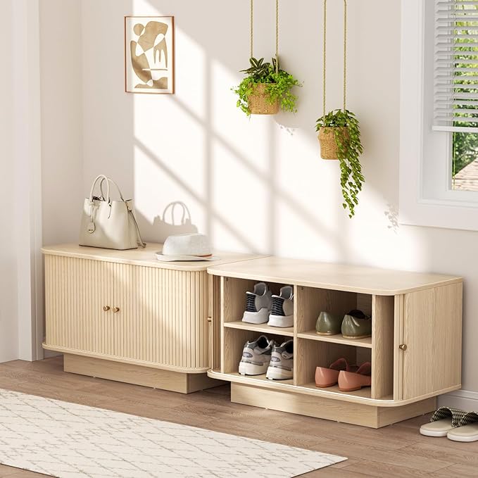 63" W Small Shoe Storage Bench, Shoe Bench Entryway with Sliding Doors and Adjustable Shelvs, Wooden Low Cabinet for Hallway, Living Room, Bedroom, Apartment, Dorm, Mudroom, Garage, Oak, 2PCS