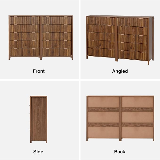 5 Drawer Double Dresser for Bedroom, Modern Wide Chest of Drawers with Fluted Panel Design,Wood Storage Dressers Chest of Drawers for Bedroom Living Room Hallway Closet,Walnut,2 Sets