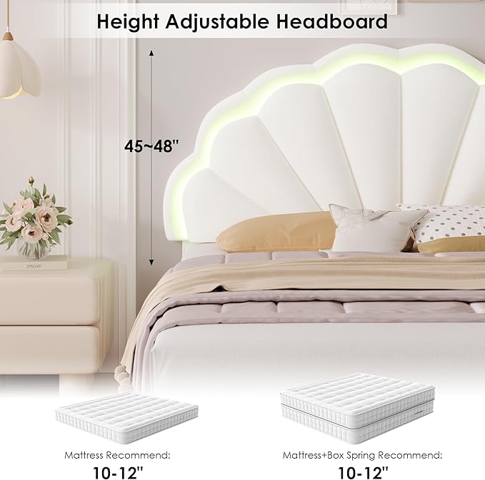 HIFIT Full Size Upholstered Smart LED Bed Frame with 2 Storage Drawers and Adjustable Chic Double Petal Headboard, Princess Platform Bed for Girls, Solid Wood Slats Support/No Box Spring Needed, Beige