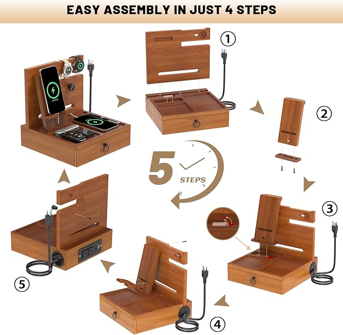 Wood Phone Docking Station with USB Ports and Outlets, Nightstand Organizer with Charging Station, Bedside Organizer with Drawer for Watch & Accessories, Christmas Anniversary Birthday Gifts for Men