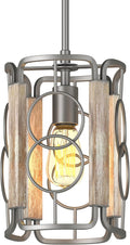 Inlight 8" Modern Farmhouse 1-Light Pendant for Kitchen Island, Open Cage Design, Rustic Distressed Wood and Brushed Silver Gray Finish, IN-0336-1-WD