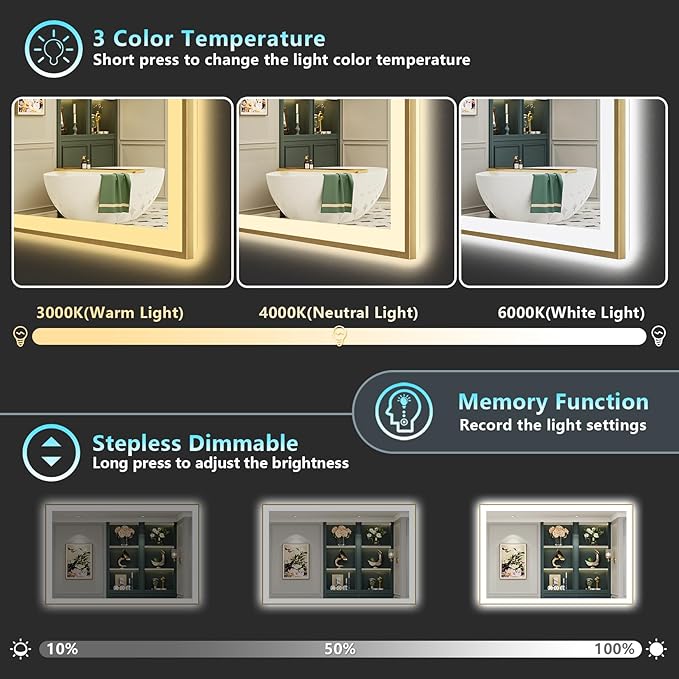 50x36 Gold LED Bathroom Mirror with Lights, Brushed Gold Framed Backlit and Front Lit Anti-Fog Lighted Vanity Mirrors for Bathroom Wall, Dimmable, 3 Colors, Memory, HD Tempered Glass, CRI＞90