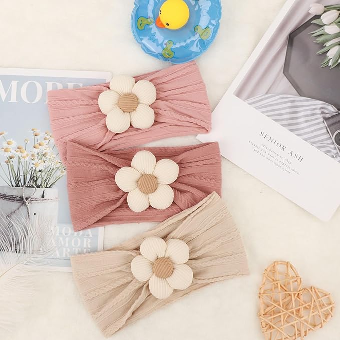 DRESHOW BQUBO Baby Flower Headbands Baby Girls Nylon Headbands Soft Stretchy Hairbands Handmade Hair Accessories for Newborn Infant Toddlers Kids Baby Essentials 3 Pcs