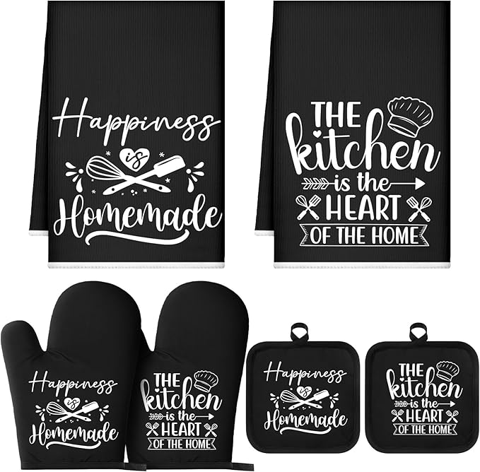 Sratte 6 Pcs Kitchen Decor Accessories Set Farmhouse Towels Pot Holders Oven Mitts Set 2 Dish Towels 2 Potholders 2 Cooking Mittens Oven Glove for Christmas Baking Cooking Supply(Black,Kitchen)