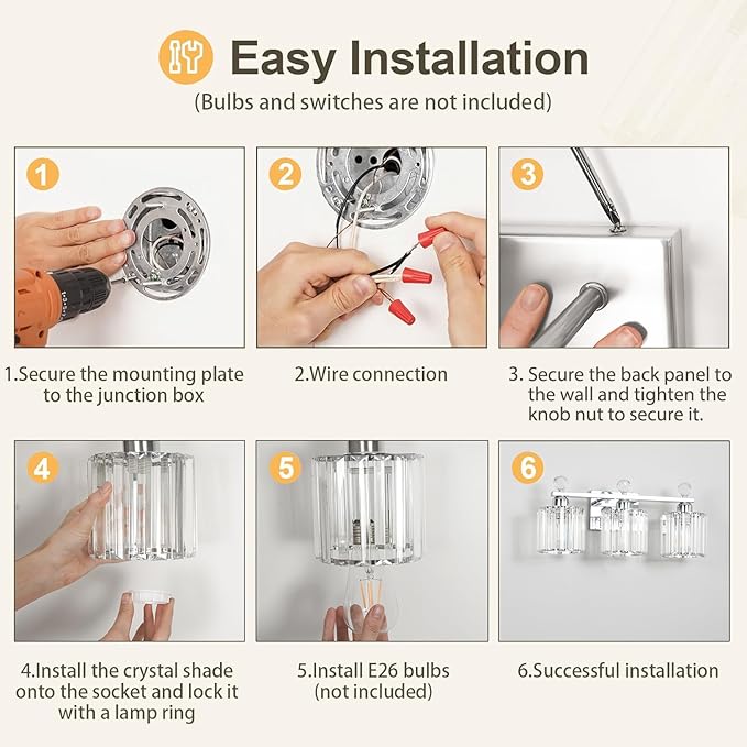 Modern Crystal Bathroom Vanity Light, 3-Lights Bathroom Light Fixtures, Chrome Vanity Light Fixtures over Mirror, Easy Installation & Dimmable Lighting, Crystal Wall Light Fixtures for Bathroom