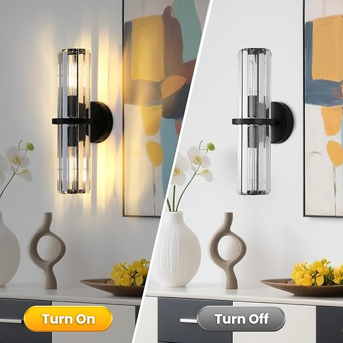 Crystal Wall Sconce Set of Two, 2-Light Black Luxury Indoor Vanity Wall Lamp, 15.7-Inch Upper and lower illuminated Bathroom Light Fixtures, for Living Room, Bedroom, Bathroom, Hallway, Mirror, E26