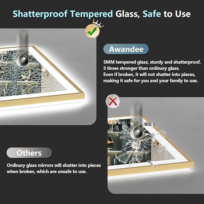 50x36 Gold LED Bathroom Mirror with Lights, Brushed Gold Framed Backlit and Front Lit Anti-Fog Lighted Vanity Mirrors for Bathroom Wall, Dimmable, 3 Colors, Memory, HD Tempered Glass, CRI＞90