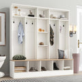 Modern Hall Tree with Coat Rack and Storage Bench, 4-in-1 Minimalist Hallway Coat Hanger Shoe Cabinet with Cube Storage & Shelves Multifunctional Entryway Bench with 8 Hooks for Mudroom, White