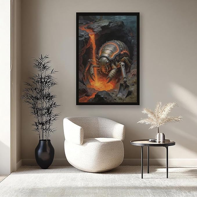 Framed Steampunk Mechanical Trilobite Wall Art - Volcanic Underwater Retro Poster for Garage Apartment Decor 12x18in