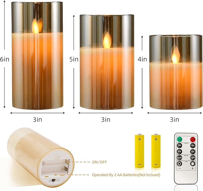 JOSU Flameless Candles 4" 5" 6" Set of 3 Outdoor Indoor Fake Pillars Gold Glass LED Battery Operated Candles Include 10-Key Remote Timer for Wedding Party Halloween Christmas Thanksgiving Fall Diwali
