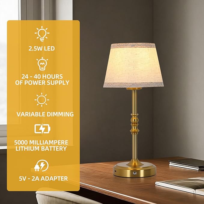 Small Gold Rechargeable Table Lamp,12-14 Inch Tall Vintage Style,Battery Powered Cordless Desk Lamp,Mini Touch Control Bedside Lamp,Warm Light 3000K for Nightstand Bedroom Counter Living Room-1 Pack