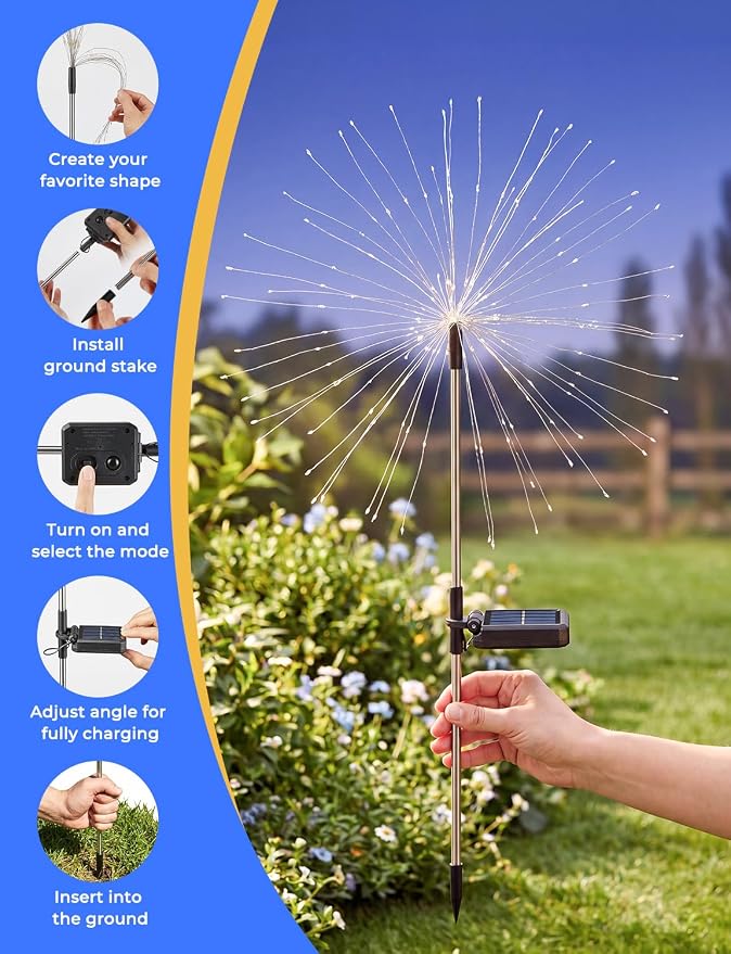 Brightown 150LED Solar Garden Lights Outdoor, 8 Modes 2 Pack Firework Fairy Lights for Outside Decorative, Solar Powered Stake Flowerbed Planter Decorations for Yard Pathway Patio Christmas,Warm White