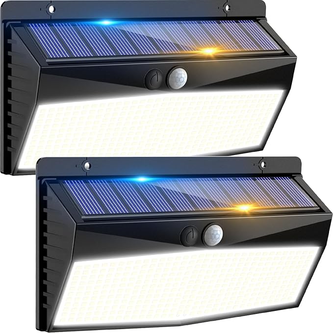 2 Pack 368 LED Solar Lights Outdoor Motion Sensor, Solar Fence Lights with 3 Lighting Modes, Solar Powered Security Lights Waterproof for Outside Yard Wall Garden Backyard Step Garage