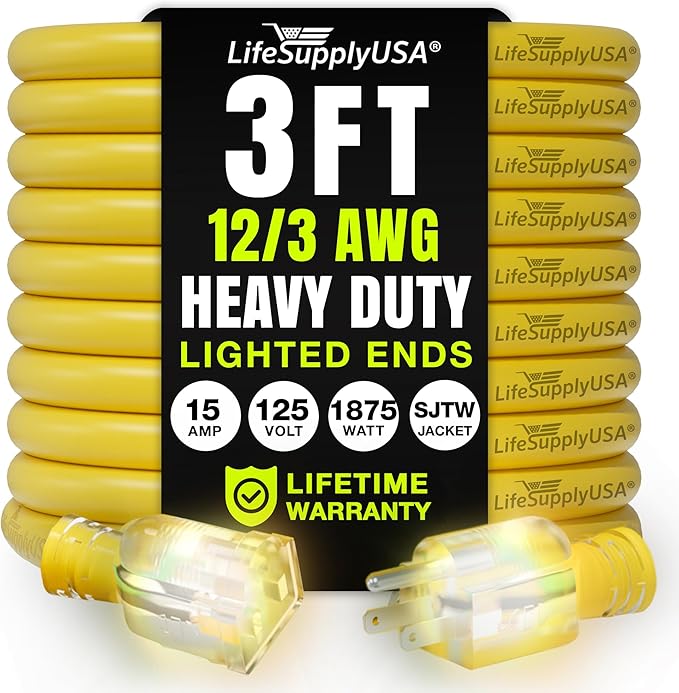 3ft Outdoor/Indoor Extension Cord 12/3 Gauge Extra Heavy Duty 3 Prong SJTW, Waterproof, Flexible Cold-Resistant Long Power Cord,15A 125V 1875W, Yellow by LifeSupplyUSA