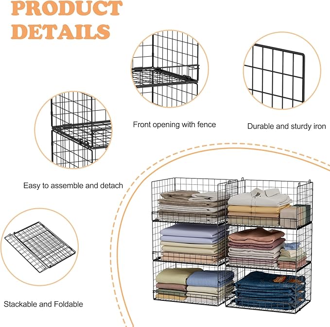 6-Tier Stackable Closet Organizers and Storage Shelves, Closet Shelf Organizer Basket Bins, Foldable Sweater Storage for Clothes Organizer System, Black（Patent Pending）