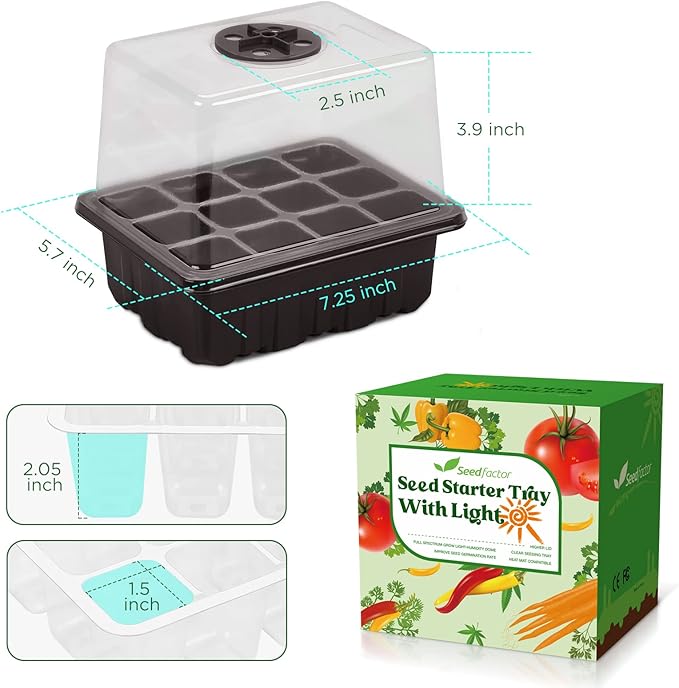 Seedfactor Seed Starter Tray with Light, 6PCS Seed Starter Kit with Grow Light, Seedling Starter Trays with Humidity Domes, Covers Height 3.9", Indoor Gardening Plant Germination Trays