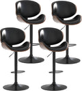Adjustable Swivel Bar Stools Set of 4, Modern Bentwood Barstool with Large Metal Base and Footrest, PU Leather Upholstered Bar Chair with Curved Back for Kitchen Island Dining Room, Black