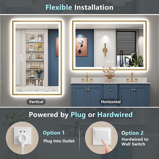 50x40 Gold Beveled LED Bathroom Mirror with Lights, Brushed Gold Framed Backlit and Front Lit Anti-Fog Lighted Vanity Mirrors for Bathroom Wall, Dimmable, 3 Colors, Memory, HD Tempered Glass