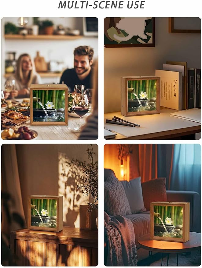Wood Night Light Box 6.5x6.5in,Zen Meditation Plumeria Flower Table Lights Wooden Picture Frame with USB Rechargeable Touch LED Lights for Home Decor Desktop Display,Flowing Water Forest