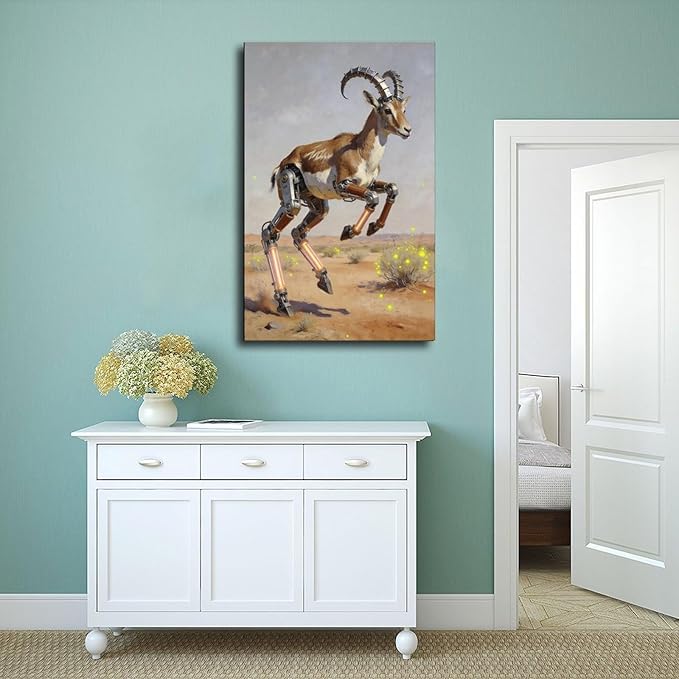 Framed Steampunk Mechanical Antelope Wall Art - Desert Futuristic Poster for Loft Living Room Decor 20x30inch(50x75cm)