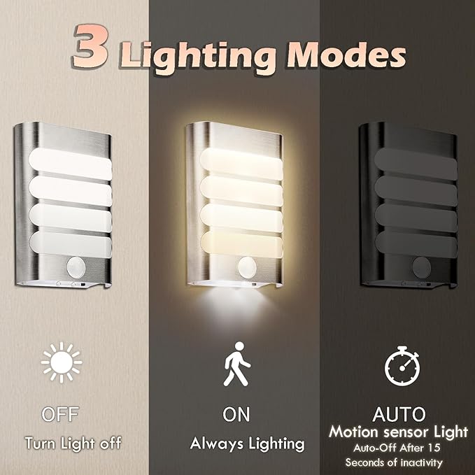 Leadleds Motion Sensor Wall Light Battery Operated, 2-Pack LED Wall Sconces Luxury Aluminum Stick Anywhere Auto On/Off Night Lights for Hallway, Closet, Pathway, Staircase, Garden
