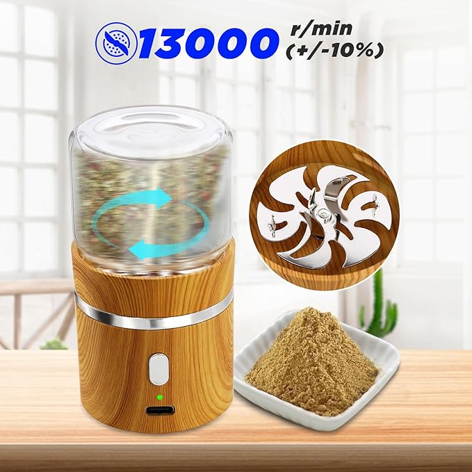 Electric Herb Grinder, Electric Spice Grinders Mini Size 2inx3.5inches with 2pcs 1.7oz/50ml Glass Jar Rechargeable Automatic Herb Grinder
