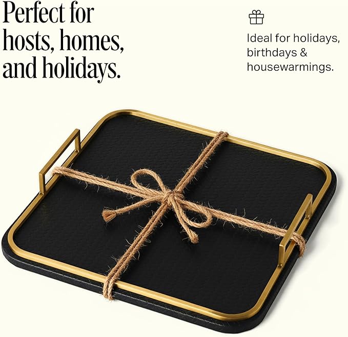 Preston Lane Mayfair Decorative Tray – Vegan Leather with Woven Texture, Brushed Brass Handles – Serving, Dresser & Coffee Table Tray, Ink