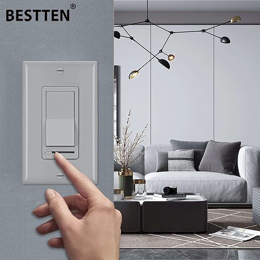 BESTTEN 2 Pack Dimmer Wall Light Switch, Compatible with Dimmable LED, CFL, Incandescent and Halogen Bulb, Single Pole or 3-Way Dimmer Switches, 120VAC, Decorator Wall Plate Included, Gray, UL Listed