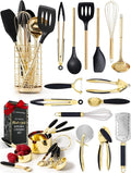 Black and Gold Kitchen Utensils Set - 23-Piece Luxury Kitchen Accessories Includes Gold Measuring Cups, Spoons, Silicone Cooking Utensils and Tools for Baking, Cooking, and Stylish Kitchen Decor