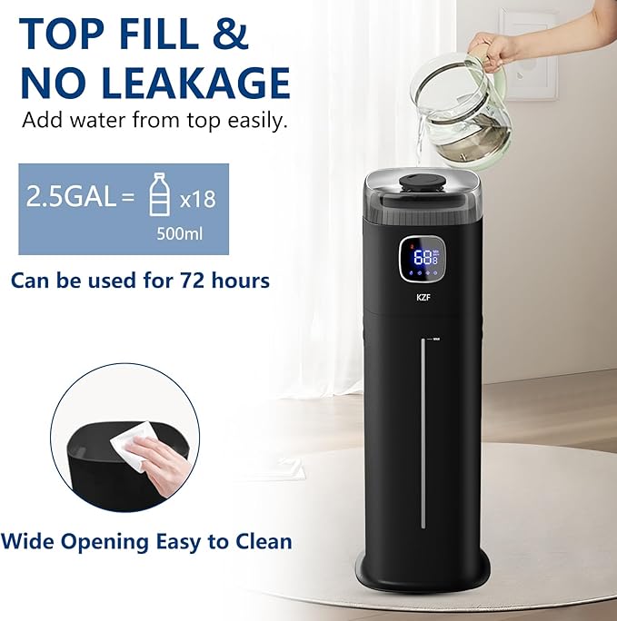 KZF Large Humidifier for Bedroom, 9L/2.5Gallon Ultrasonic Cool Mist Humidifier with Humidistat, 360°Nozzle, 350ML/H Big Mist Level, Suitable for Kids Room Livingroom Yoga Office Plant