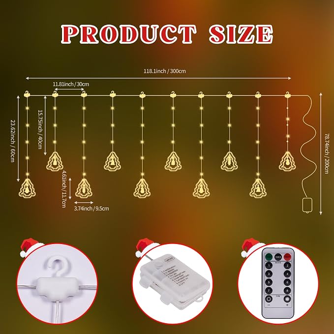 Christmas Tree Curtain Lights, Christmas Window Lights Decor with Remote,8 Lighting Modes, IP65 Waterproof, 10 Hooks Christmas Decorations Indoor Outdoor for Bedroom Party Wall Door Window