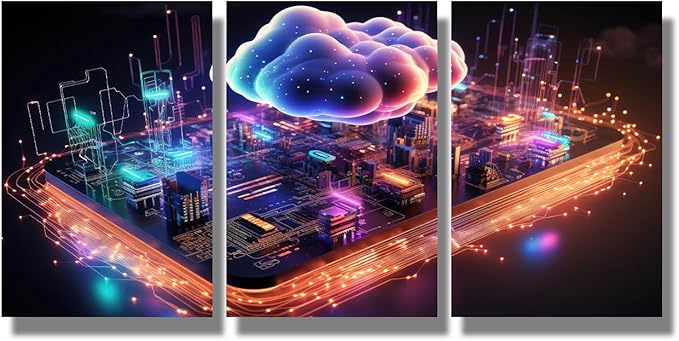 LSIUHWUWI 3 Panel Canvas Wall Art Contemporary Art Cloud Computing Concept Wall Paintings for Living Room Wall Decoration, Modern Artwork Giclee Wooden Framed Ready to Hang, 16x24inchx3