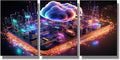 LSIUHWUWI 3 Panel Canvas Wall Art Contemporary Art Cloud Computing Concept Wall Paintings for Living Room Wall Decoration, Modern Artwork Giclee Wooden Framed Ready to Hang, 16x24inchx3