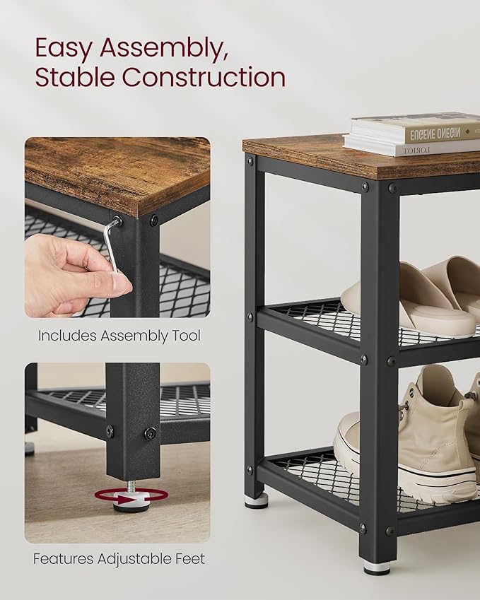 VASAGLE 3-Tier Shoe Rack, Shelf Storage Bench with Metal Mesh Shelves and Seat, Free Standing Shoe Organizer for Entryway, 11.8 x 28.7 x 17.7 Inches, Rustic Brown and Black ULBS73X