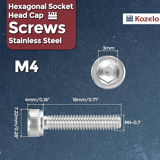 Kozelo 100pcs Socket Head Cap Screws - [M4-0.7 x 18mm] 304 Stainless Steel Allen Socket Drive for Electrical Motor 3D Printing Fan Engine Replacement Use, Silver