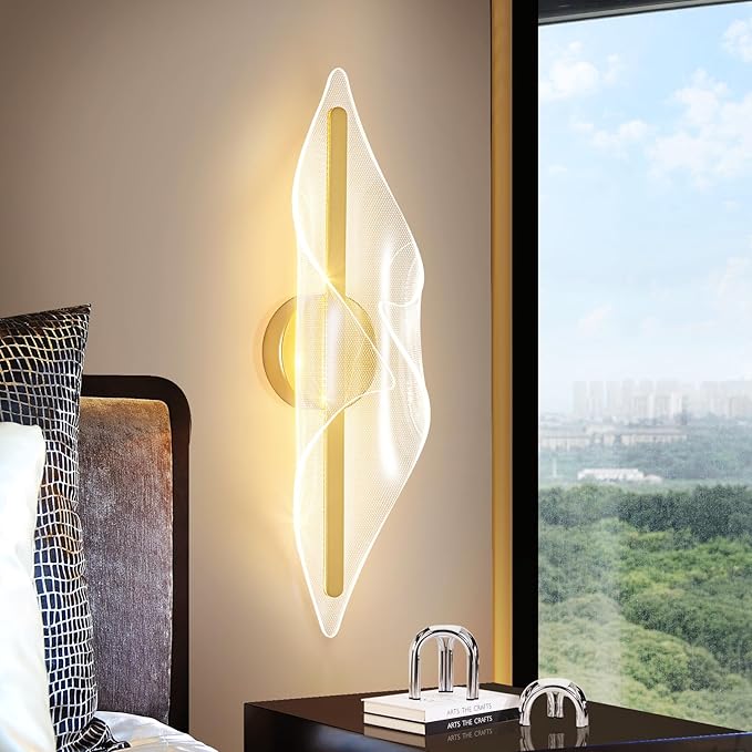 Modern Gold Wall Sconce 17.3In LED Wall Lamp with Remote Control Dimmable Acrylic Sconces Wall Lighting for Living Room Hallway Bathroom Bedroom Stairs