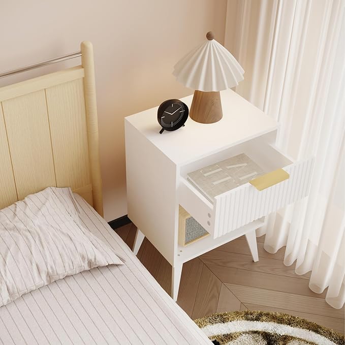 Fluted Night Stand with Opening Storage,Mid Century Bedside Table with Drawer,Modern Nightstand with Solid Wood Legs,End Table Side Table for Living Room,Bedroom,White CTG56W