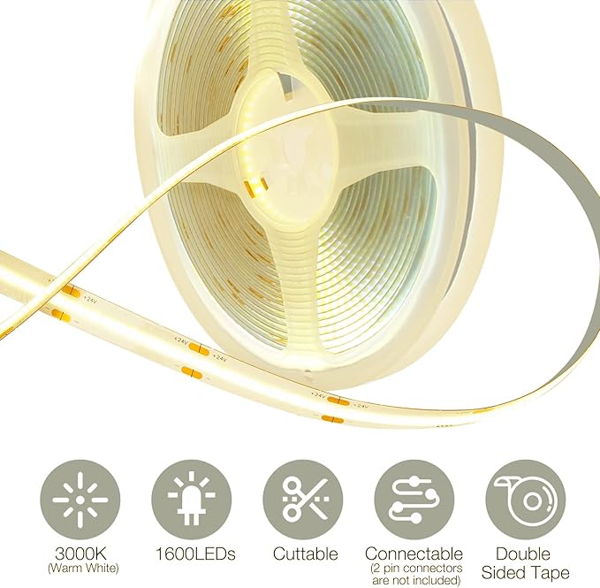 DAYBETTER COB LED Strip, 16.4 ft Warm White LED Strip Lights, Dimmable LED Light Strip 3000K, 24V, 1600LEDs, 2835 Flexible LED Lights for Bedroom, TV, Kitchen Cabinet, Closet