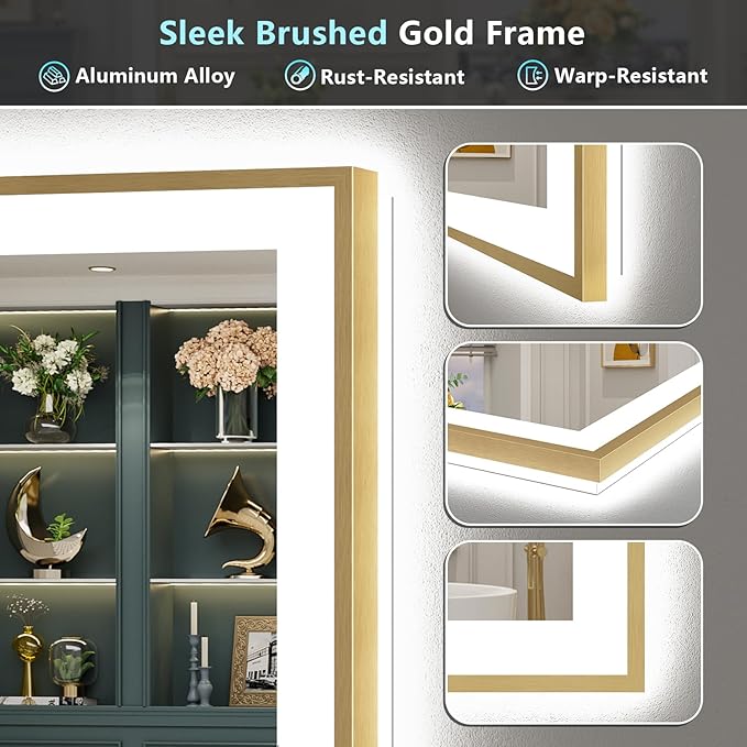 50x36 Gold LED Bathroom Mirror with Lights, Brushed Gold Framed Backlit and Front Lit Anti-Fog Lighted Vanity Mirrors for Bathroom Wall, Dimmable, 3 Colors, Memory, HD Tempered Glass, CRI＞90