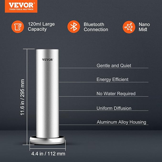 VEVOR Scent Machine for Home, 120ml Bluetooth Smart Essential Oil Diffuser With Cold Air Tech, Waterless Scent Diffuser for Spa, Yoga, Office, Hotel, Cover Up to 1000 sq.ft
