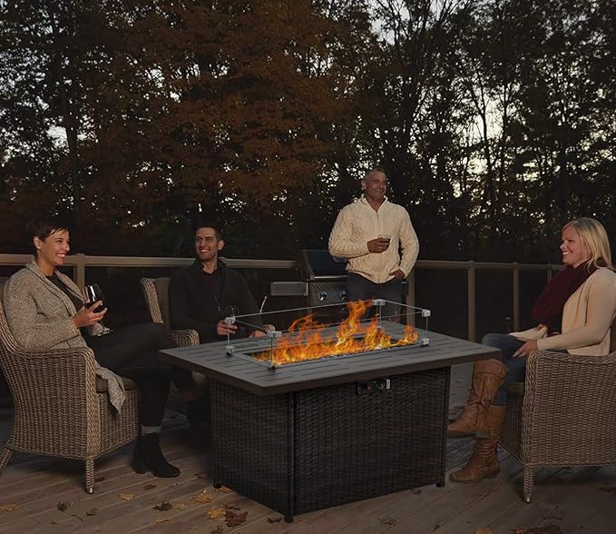 Propane Fire Pit Table,44 Inch 55000 BTU Outdoor Gas Fire Pit Rectangular with Glass Wind Guard for Outside Patio Deck (Brown-Aluminum Top)